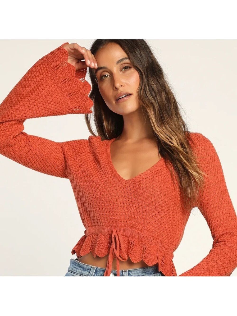 Lulus Total Frills Rust Orange Knit Drawstring Cropped Sweater Top - Picture 2 of 10